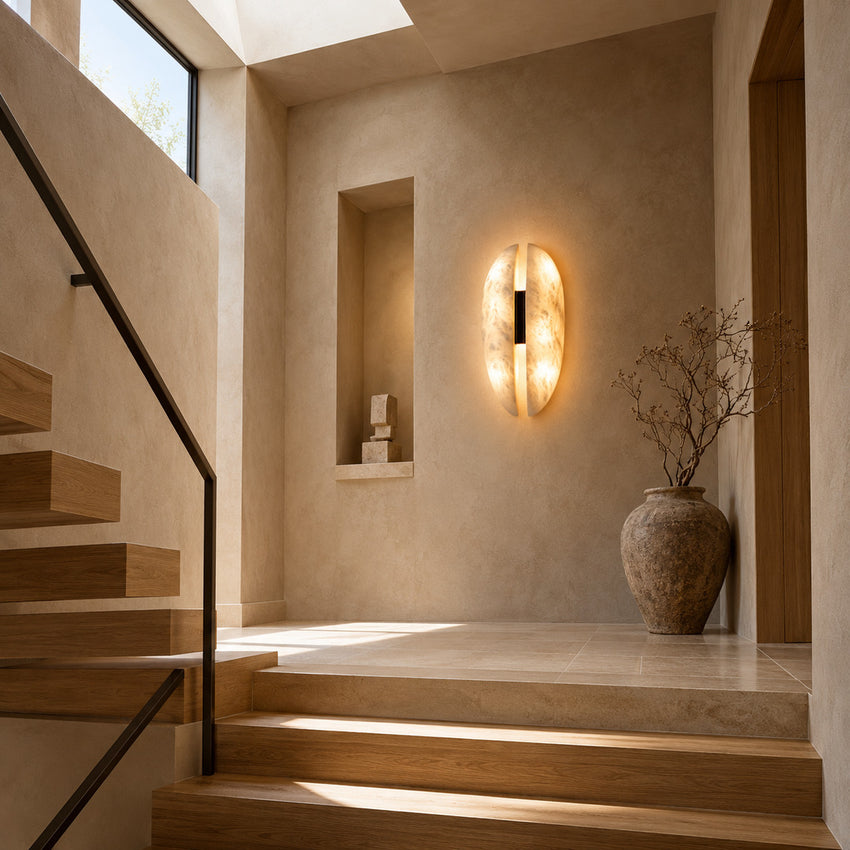 Velo alabaster wall sconces along a staircase wall