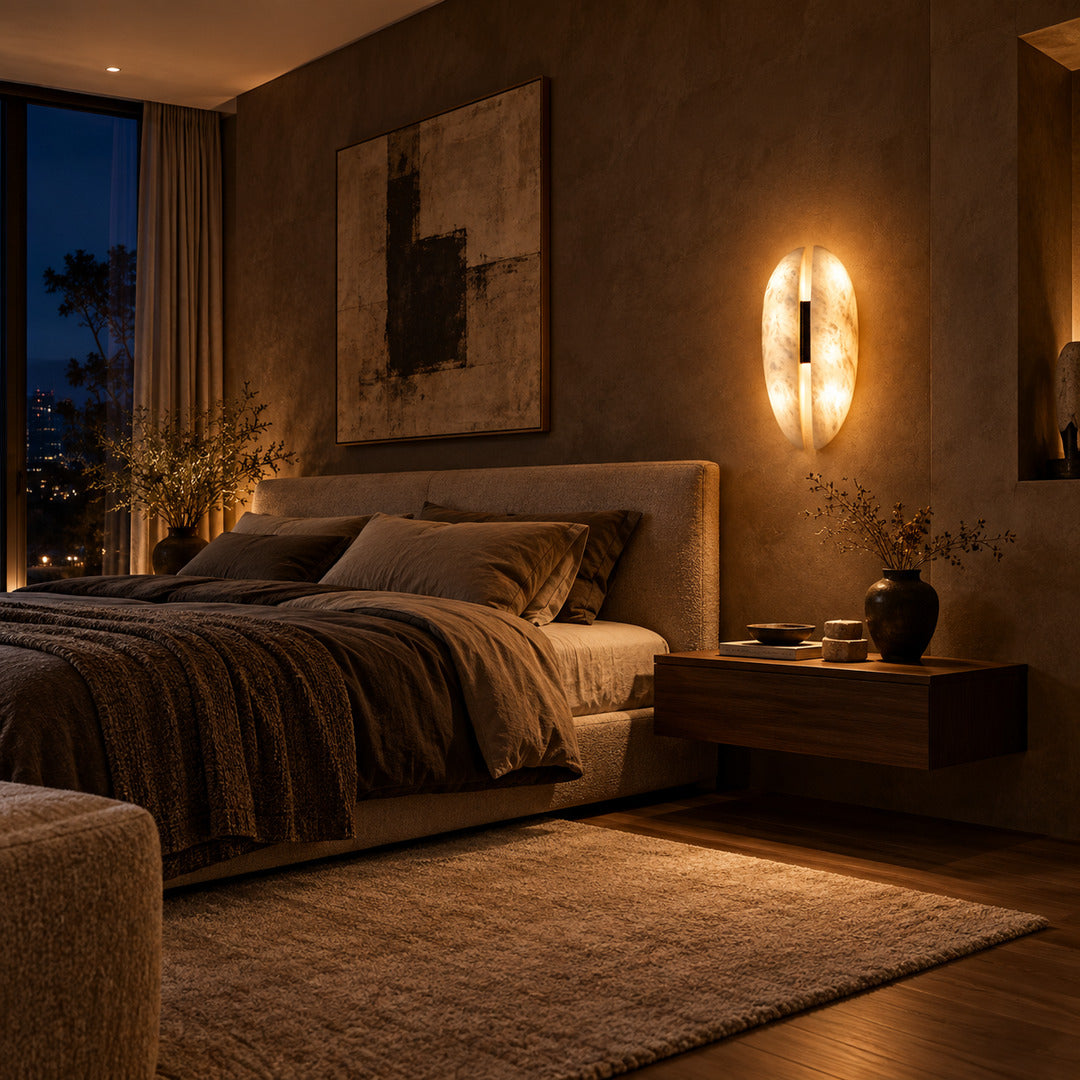 Velo alabaster wall sconce above a nightstand providing soft reading light