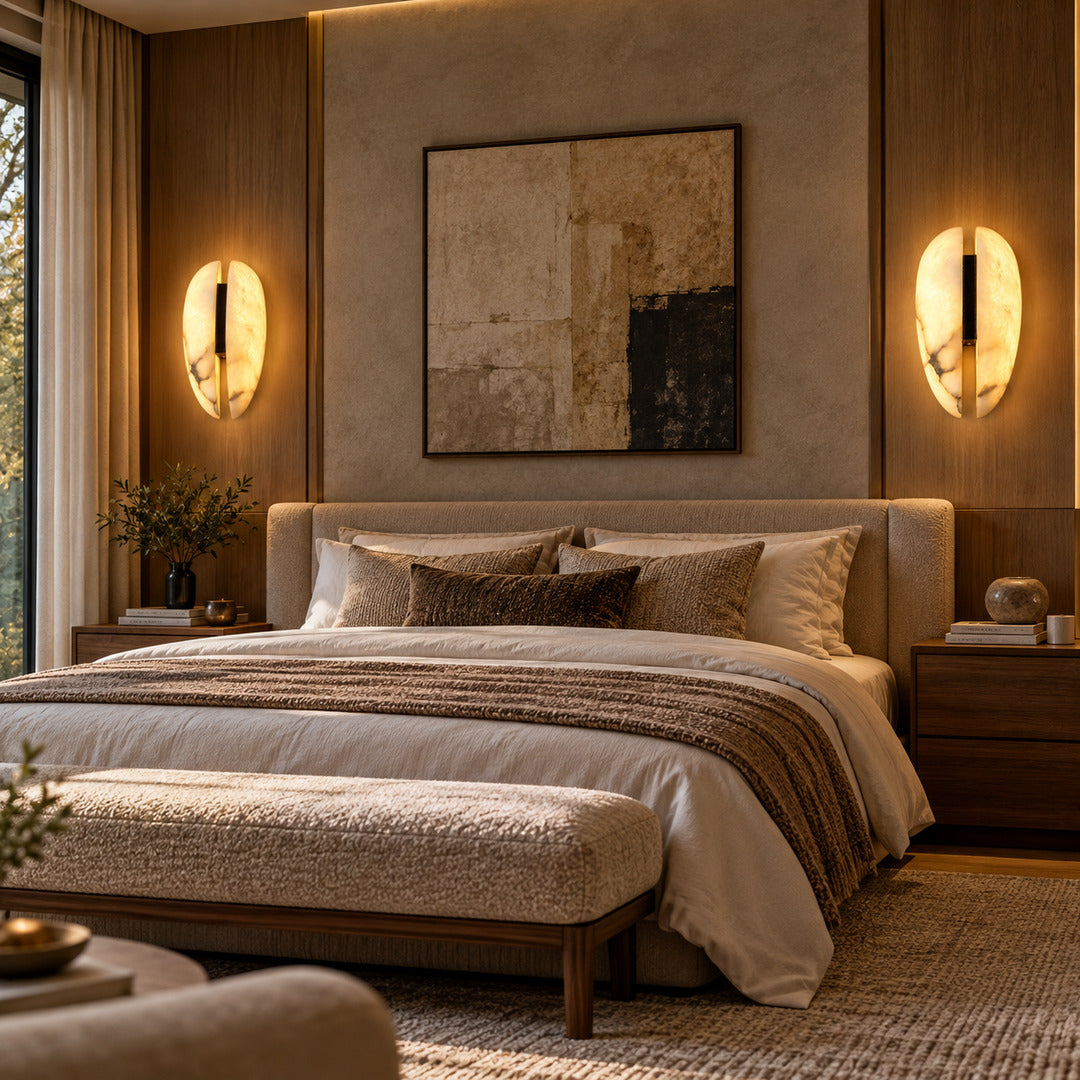 Velo alabaster wall sconce above a nightstand providing soft reading light