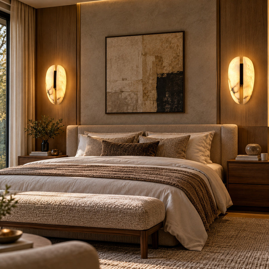 Velo alabaster wall sconce above a nightstand providing soft reading light