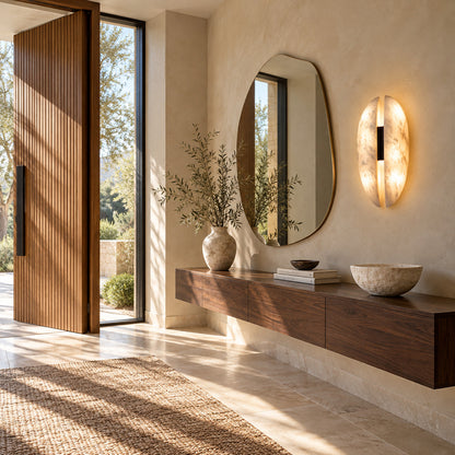 Velo alabaster wall sconce glowing above an entryway console