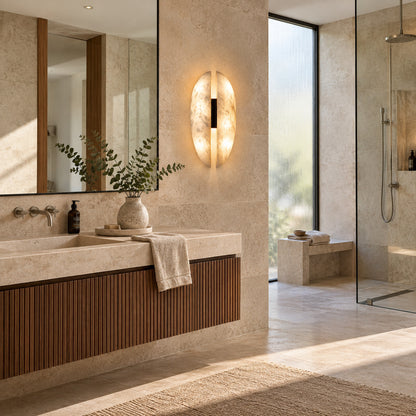 Velo alabaster wall sconce beside a full-length mirror in a bedroom