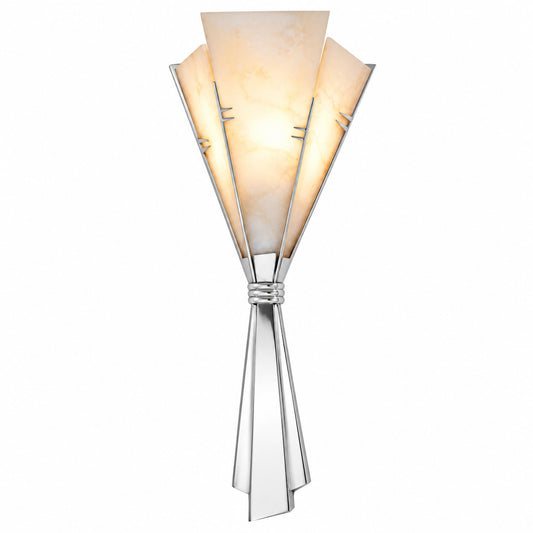 Pair of Ventaglio alabaster fan wall sconces glowing warm in a hallway