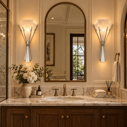 Ventaglio alabaster fan sconce in an Art Deco inspired living room