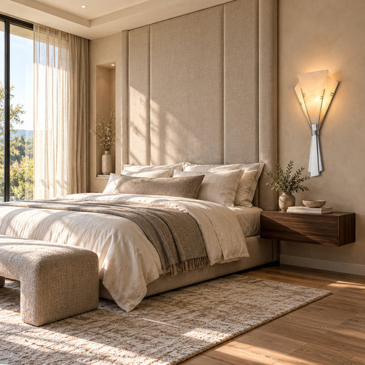 Pair of Ventaglio alabaster fan sconces flanking a bed headboard