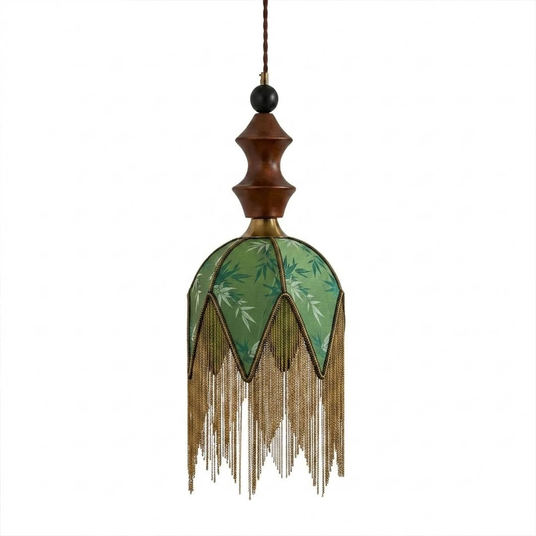 Verde green tassel pendant light slim boho walnut wood top fabric fringe white background