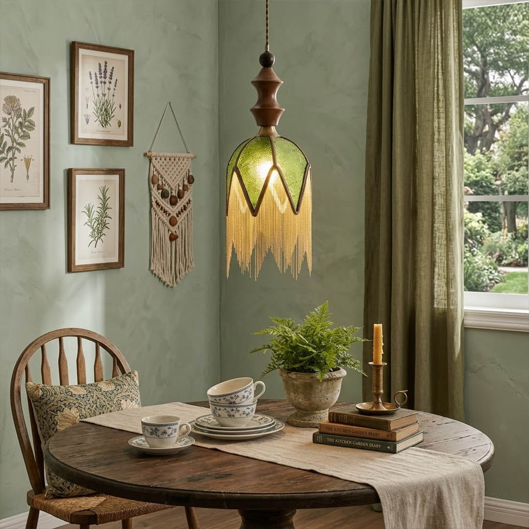 Verde green tassel pendant lights in a row above kitchen island boho interior