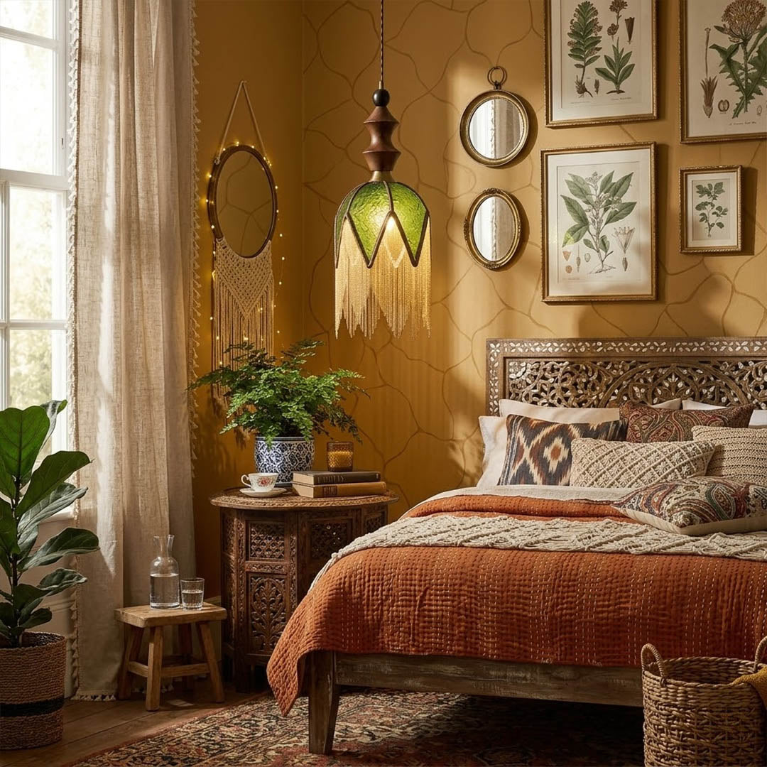 Verde green tassel pendant light beside bed warm glow boho bedroom interior with plants