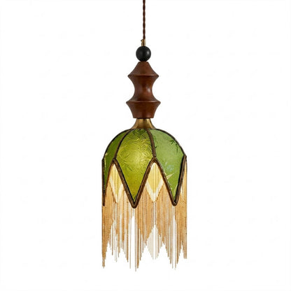 Verde green tassel pendant light slim boho walnut wood top fabric fringe white background