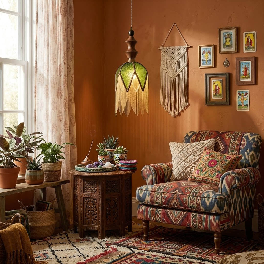 Verde green tassel pendant light beside bed warm glow boho bedroom interior with plants