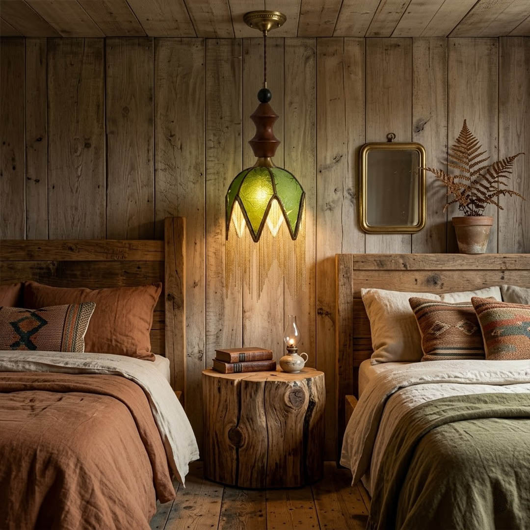 Verde green tassel pendant light beside bed warm glow boho bedroom interior with plants