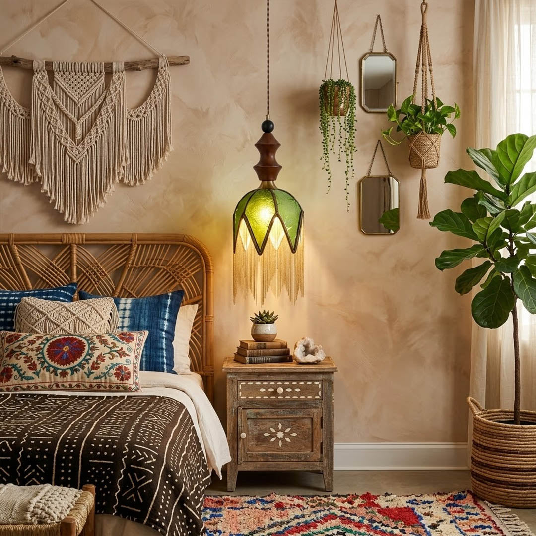 Verde green tassel pendant light beside bed warm glow boho bedroom interior with plants