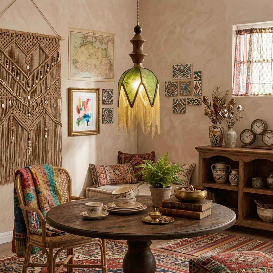 Verde green tassel pendant light beside bed warm glow boho bedroom interior with plants