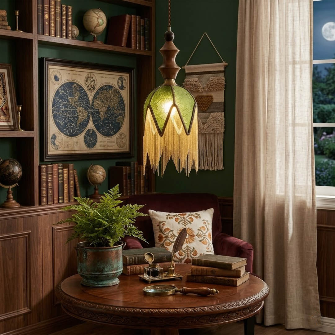 Verde green tassel pendant light beside bed warm glow boho bedroom interior with plants
