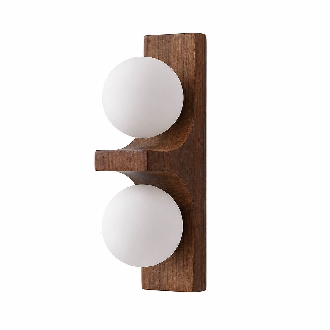 Verena double wall sconce short walnut dark wood two white glass globes compact white background front view