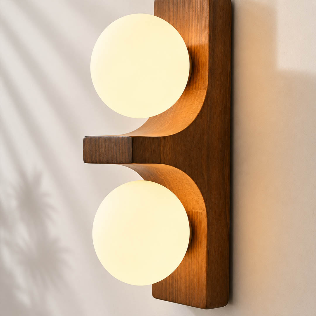 Verena double wall sconce white milky glass globe curved wood support detail close up craftsmanship