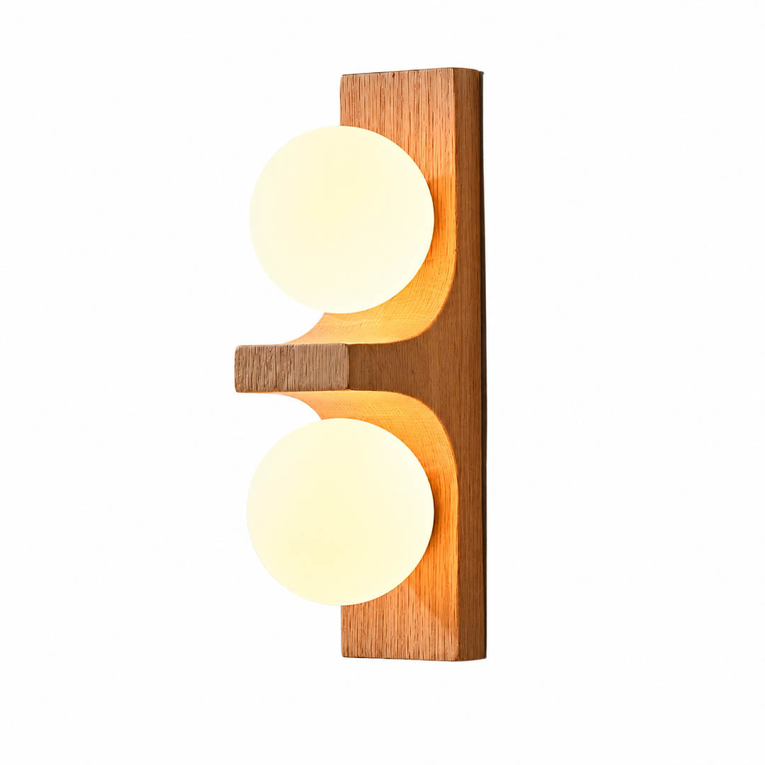 Verena double wall sconce short oak light wood two white glass globes compact white background front view