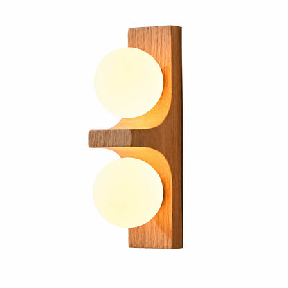 Verena double wall sconce short oak light wood two white glass globes compact white background front view