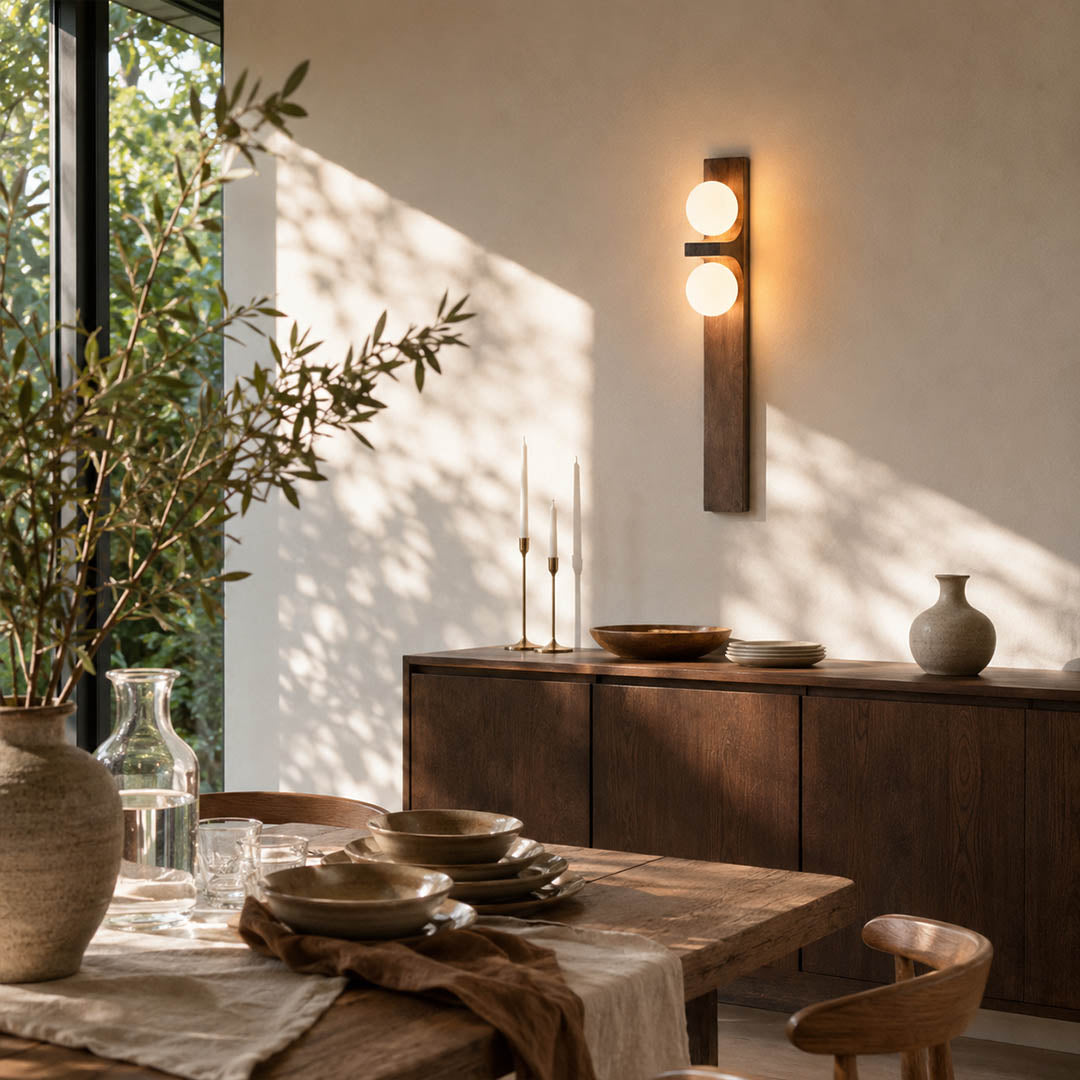 Verena double wall sconce entry console mirror wood glass globe warm welcoming natural American home lifestyle interior styled
