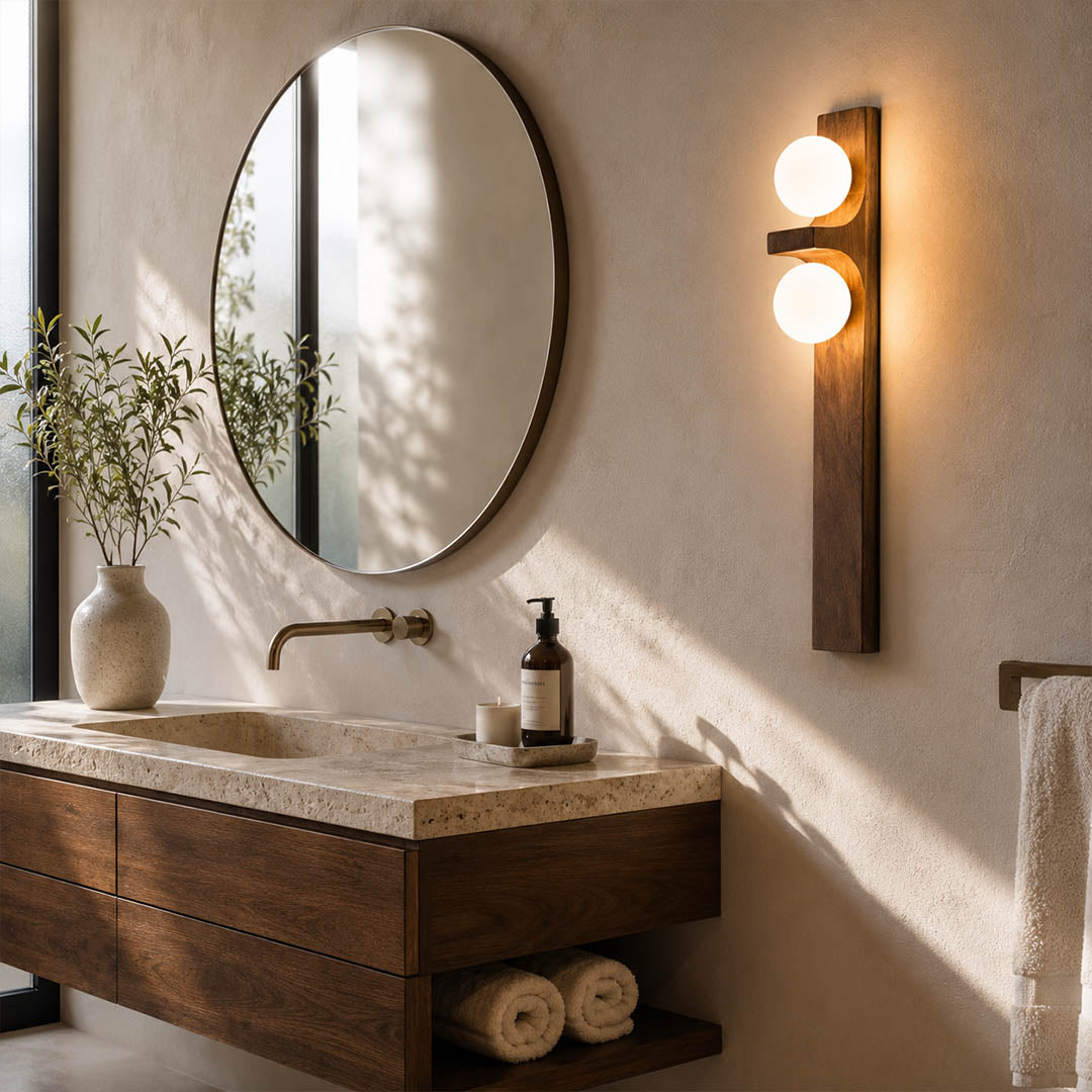 Verena double wall sconce bathroom vanity mirror side wood glass globe warm glow American home lifestyle interior styled
