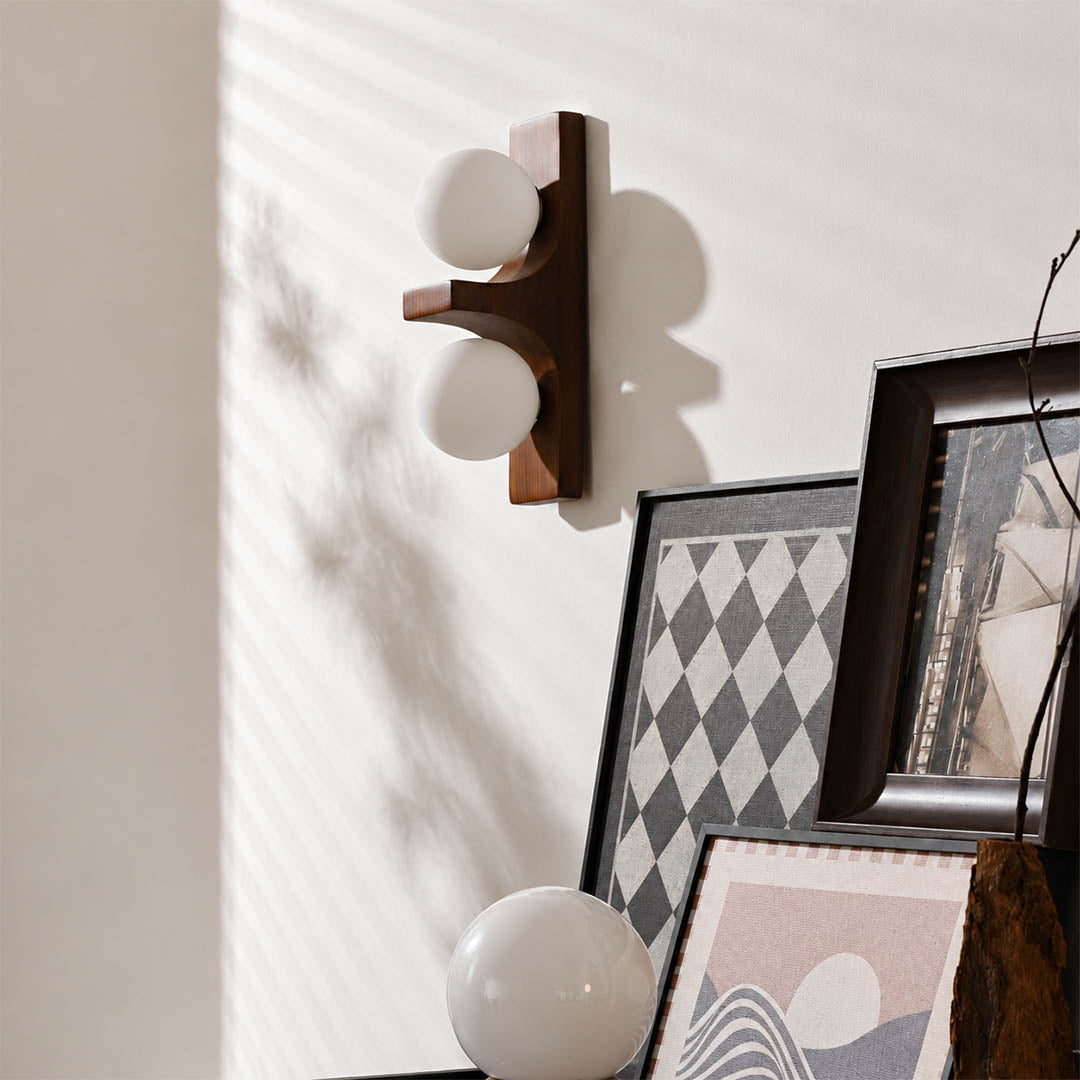 Verena double wall sconce bathroom vanity mirror side wood glass globe warm glow American home lifestyle interior styled