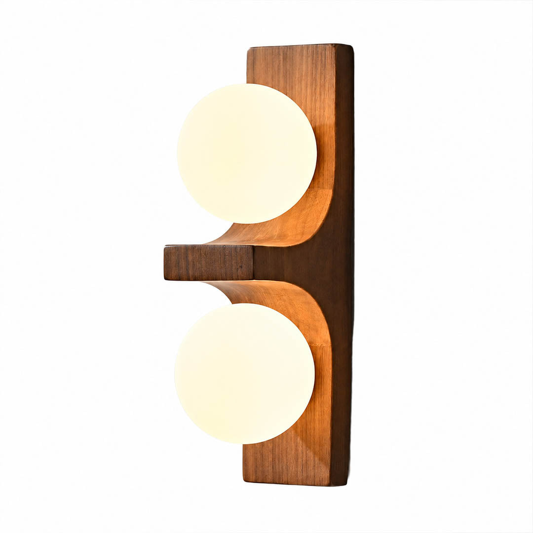 Verena double wall sconce short walnut dark wood two white glass globes compact white background front view