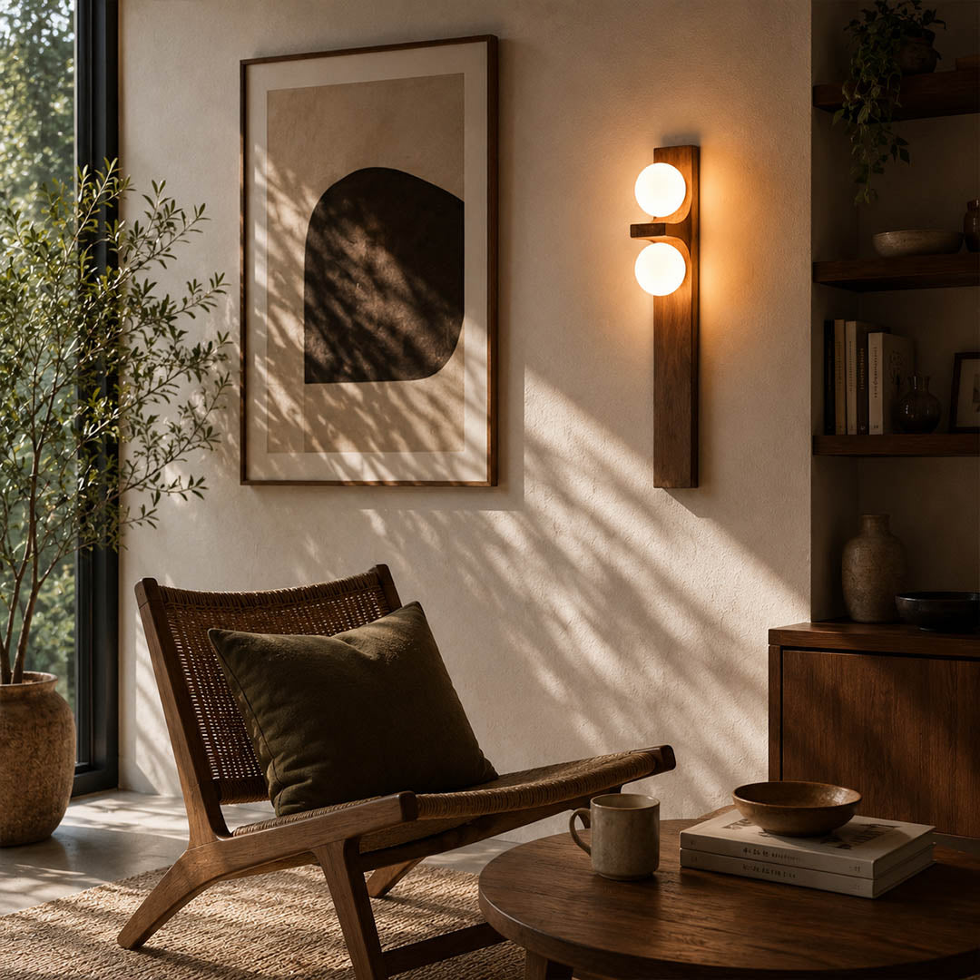 Verena double wall sconce reading nook armchair wood glass globe warm cozy natural American home lifestyle interior styled