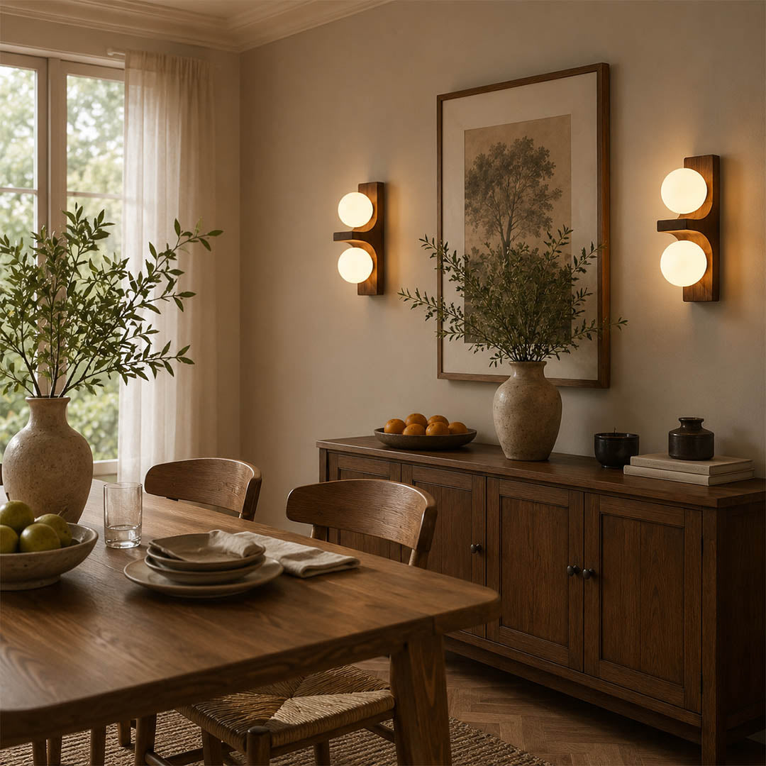 Verena double wall sconce living room sofa side wood glass globe warm ambient natural American home lifestyle interior styled