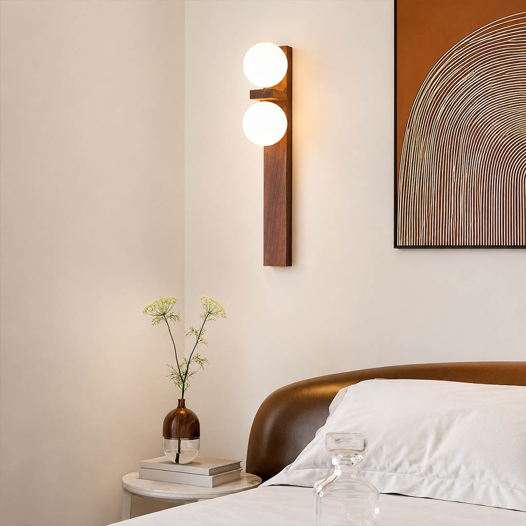 Verena double wall sconce boutique hotel guestroom bedside wood glass globe warm natural hospitality American commercial interior