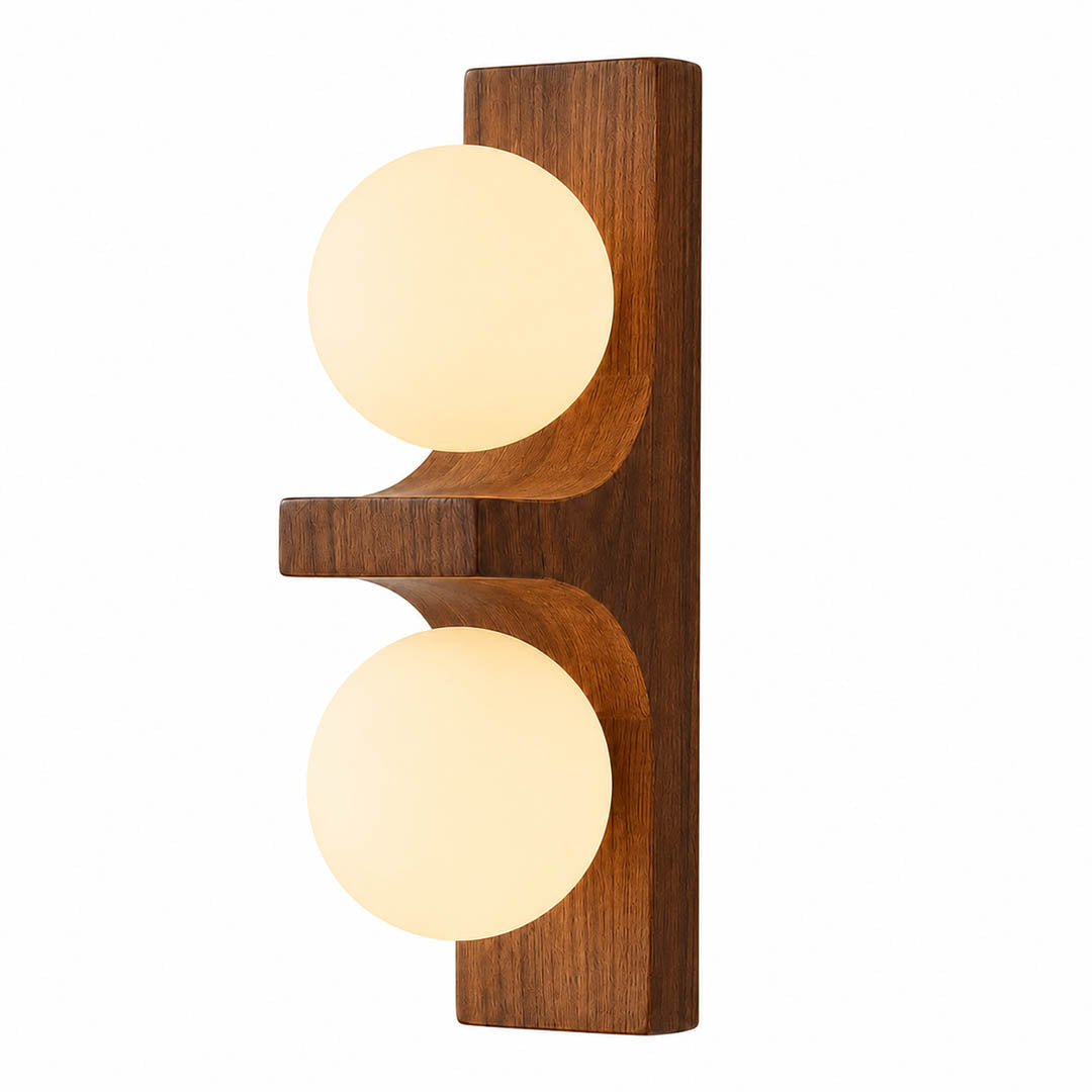 Verena double wall sconce short walnut dark wood two white glass globes compact white background front view