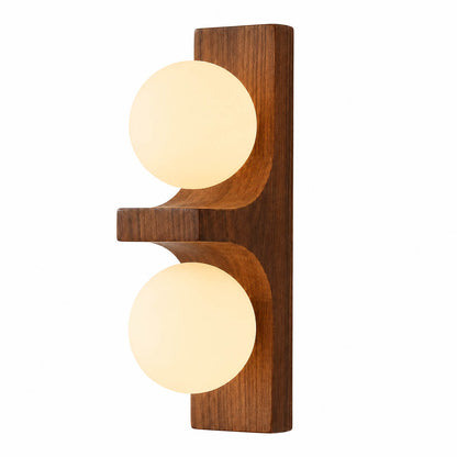 Verena double wall sconce short walnut dark wood two white glass globes compact white background front view