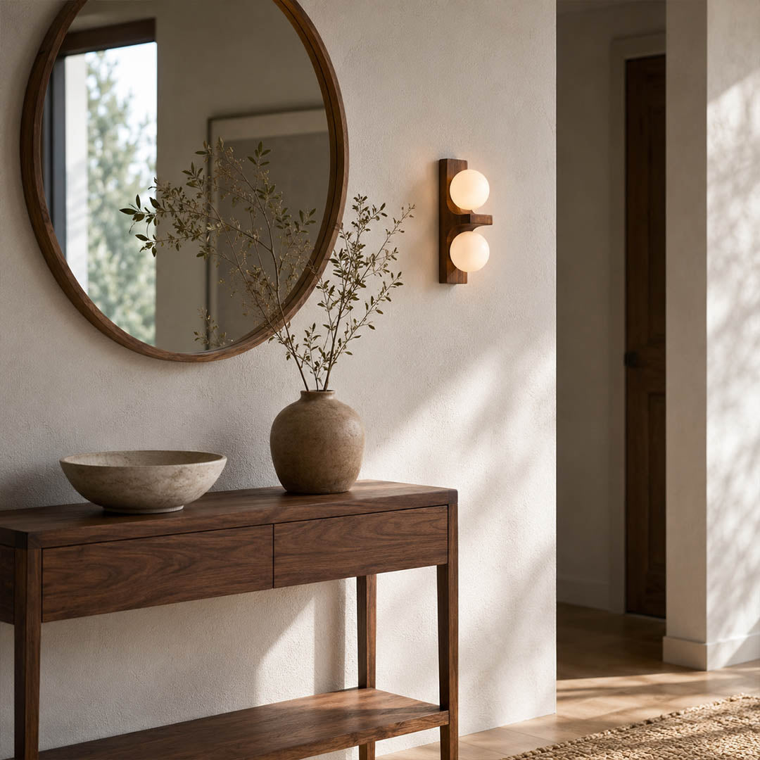 Verena double wall sconce entry console mirror wood glass globe warm welcoming natural American home lifestyle interior styled