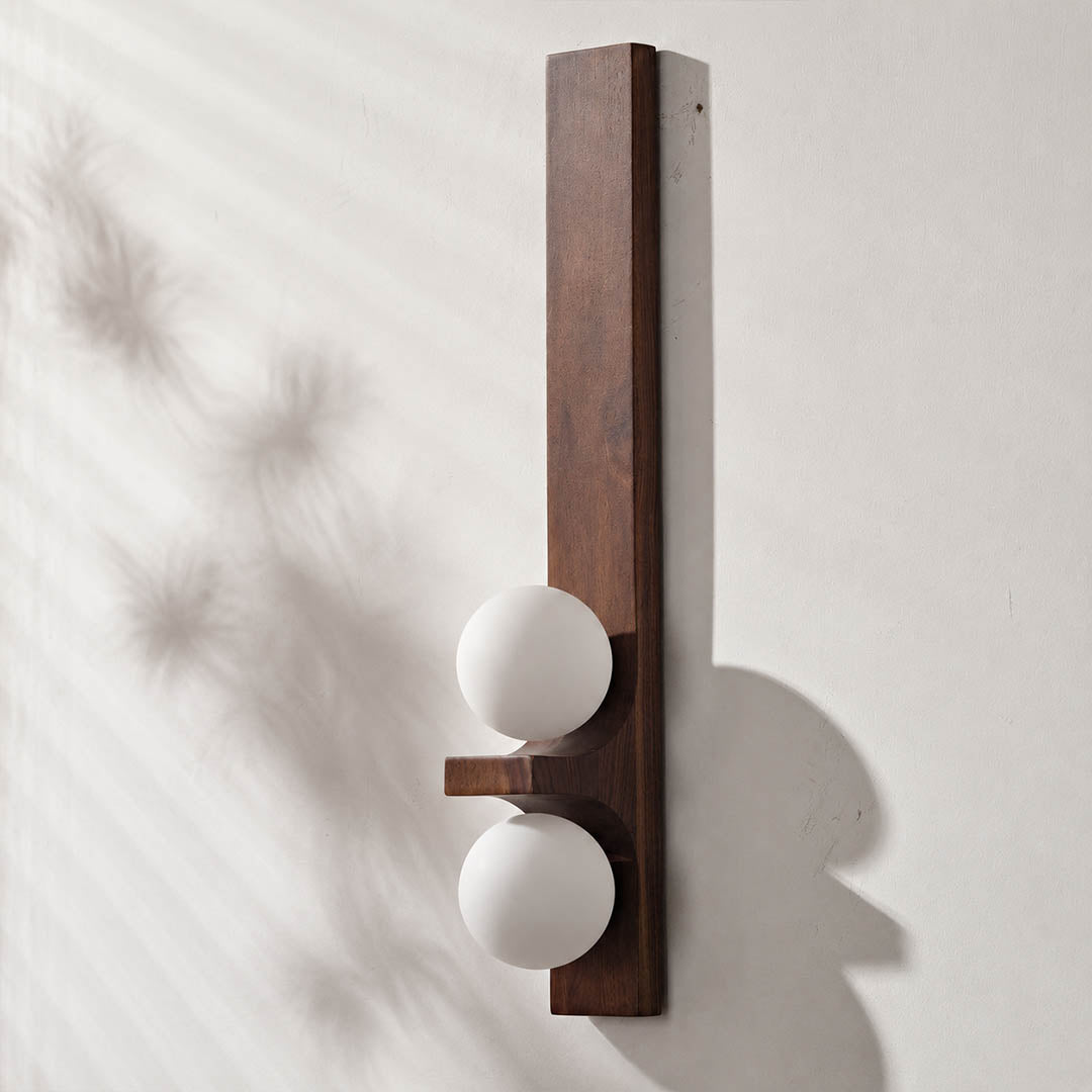 Verena double wall sconce slim vertical profile side view compact wall projection wood detail