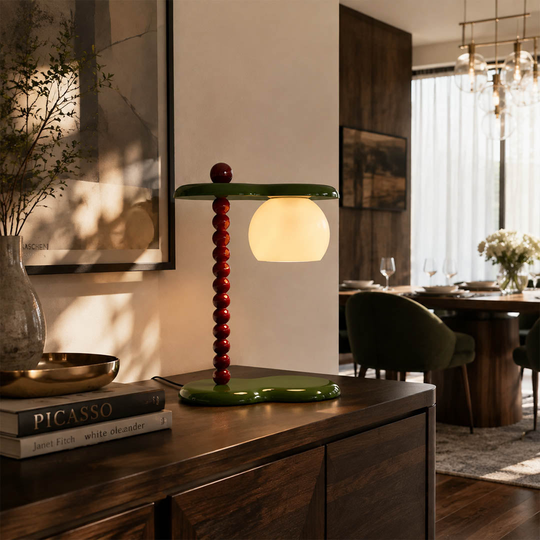 Vero colorblock table lamp entryway console illuminated warm glow two tone compact American home lifestyle interior styled
