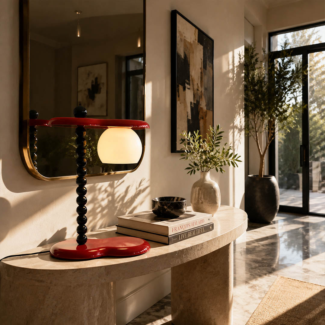 Vero colorblock table lamp entryway console illuminated warm glow two tone compact American home lifestyle interior styled