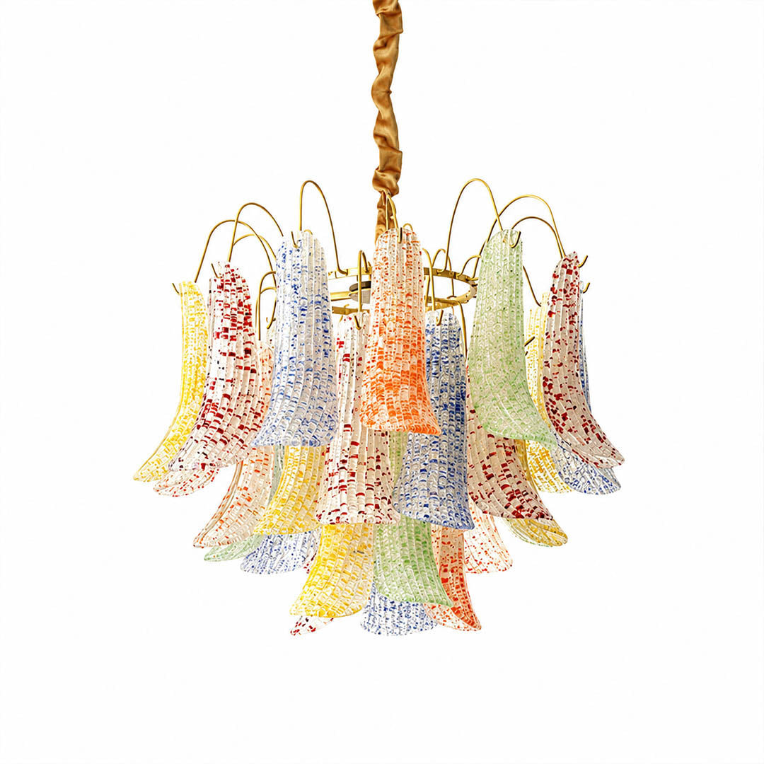 Verona Murano glass flower chandelier small 20 inch colorful multi tone yellow green blue red hand blown Italian artisan cluster orb sculptural statement modern white background