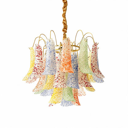 Verona Murano glass flower chandelier small 20 inch colorful multi tone yellow green blue red hand blown Italian artisan cluster orb sculptural statement modern white background
