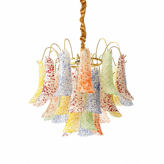 Verona Murano glass flower chandelier small 20 inch colorful multi tone yellow green blue red hand blown Italian artisan cluster orb sculptural statement modern white background