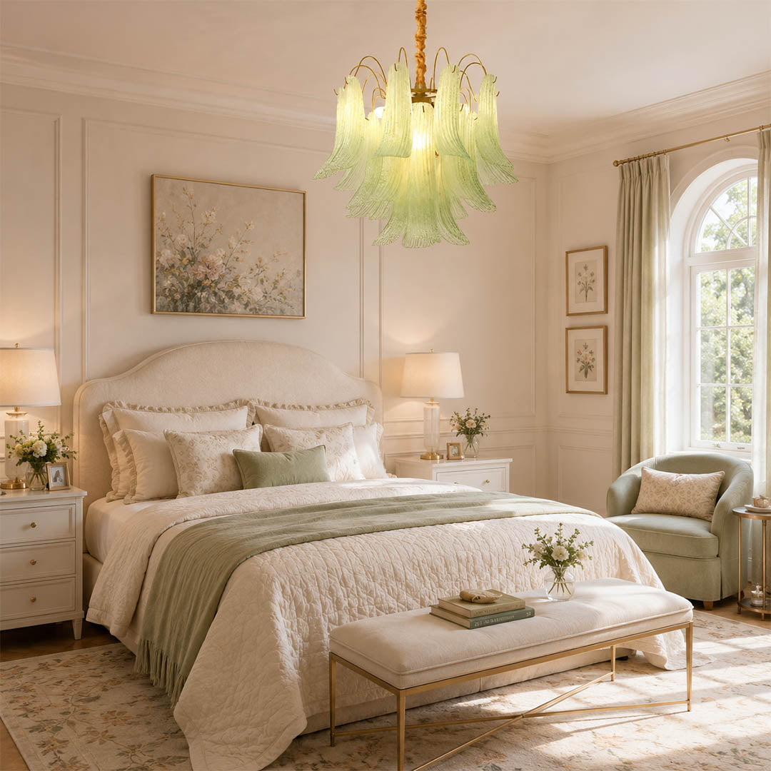 Verona green olive Murano glass flower chandelier modern traditional living room warm wood velvet Italian statement centerpiece warm glow lifestyle interior