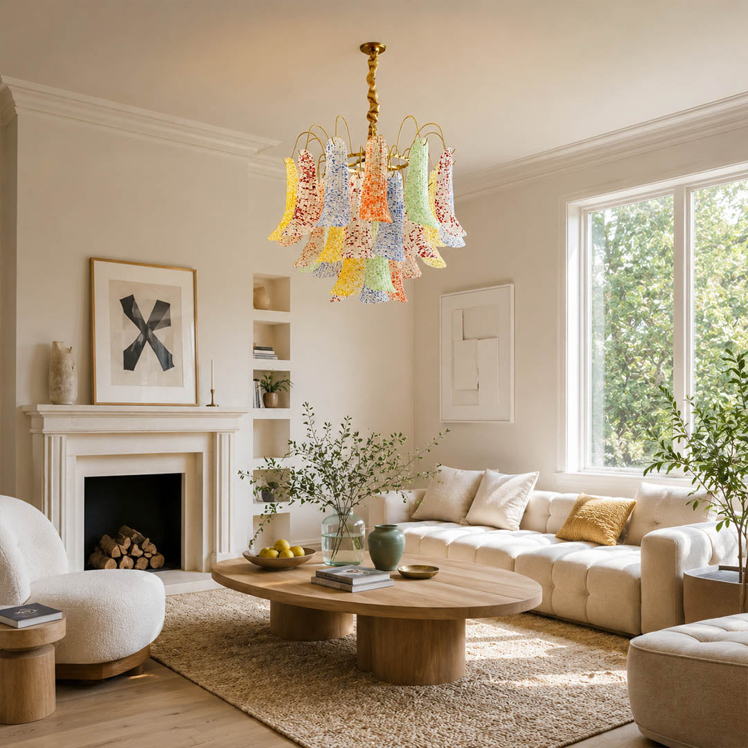 Verona green olive Murano glass flower chandelier modern traditional living room warm wood velvet Italian statement centerpiece warm glow lifestyle interior