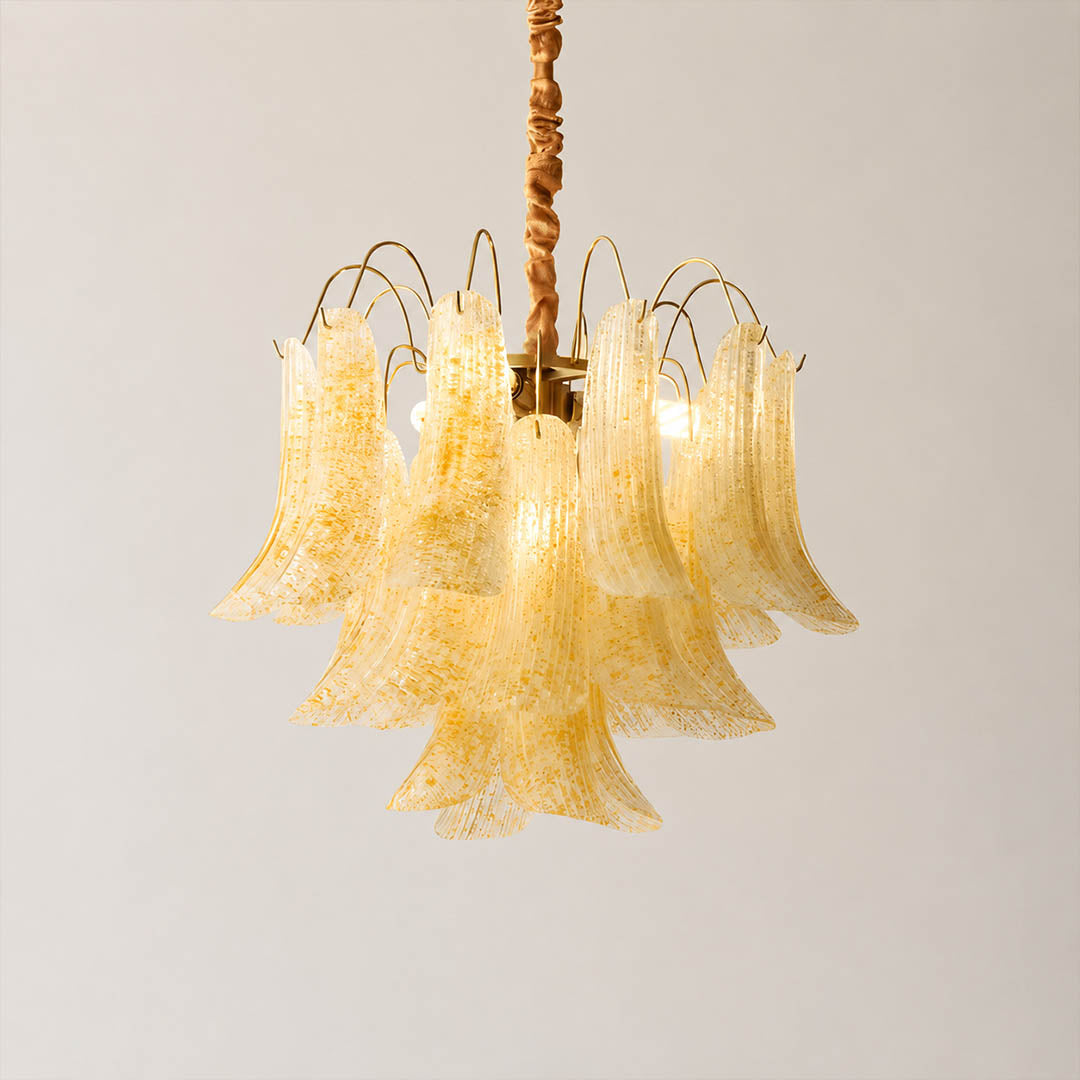 Verona Murano glass flower chandelier small 20 inch yellow golden hand blown Italian artisan cluster orb sculptural statement modern white background