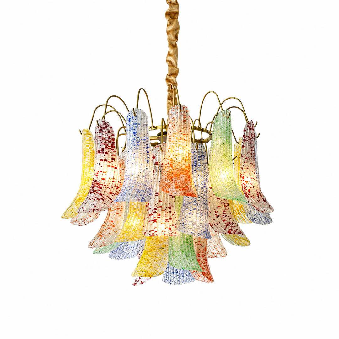 Verona Murano glass flower chandelier small 20 inch colorful multi tone yellow green blue red hand blown Italian artisan cluster orb sculptural statement modern white background