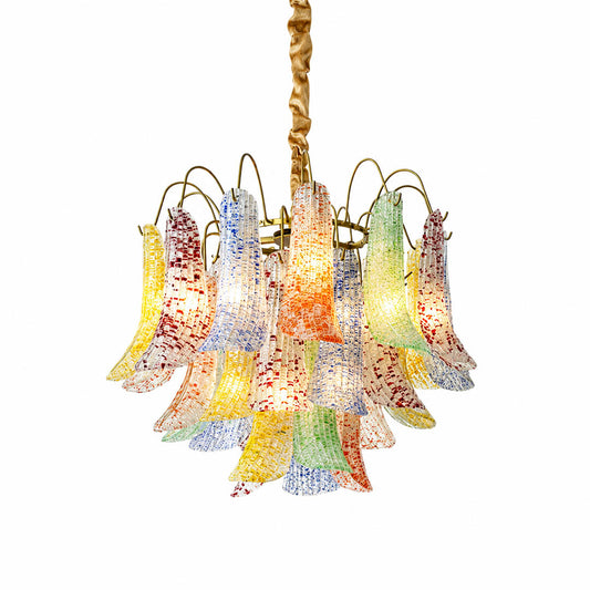 Verona Murano glass flower chandelier small 20 inch colorful multi tone yellow green blue red hand blown Italian artisan cluster orb sculptural statement modern white background