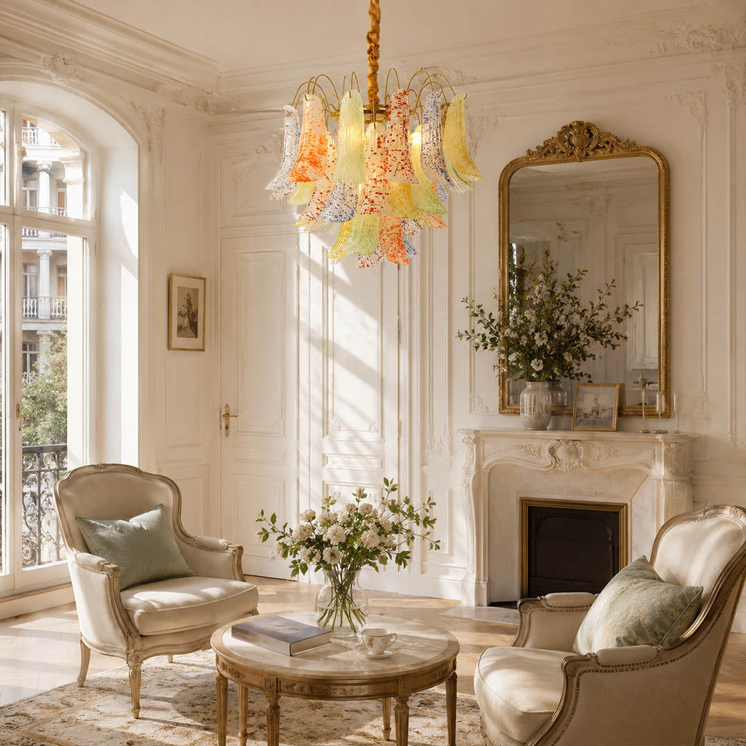 Verona green olive Murano glass flower chandelier modern traditional living room warm wood velvet Italian statement centerpiece warm glow lifestyle interior