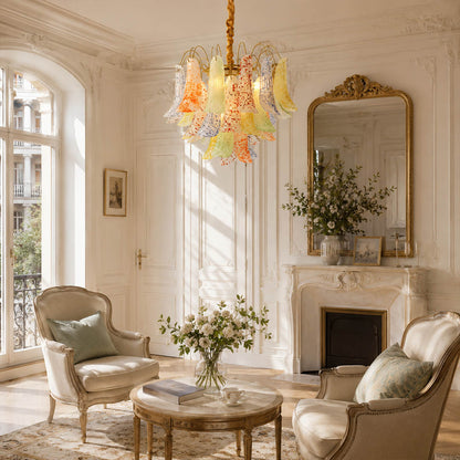 Verona green olive Murano glass flower chandelier modern traditional living room warm wood velvet Italian statement centerpiece warm glow lifestyle interior