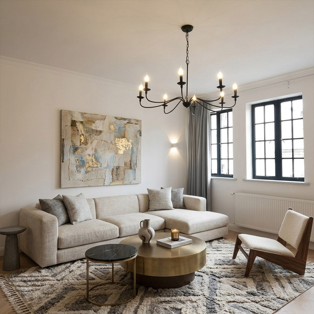 Versailles brass candle chandelier above dining table warm vintage light traditional interior