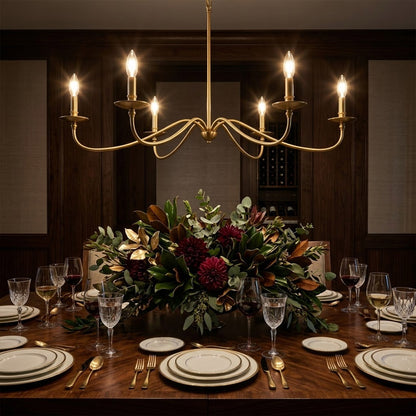 Versailles brass candle chandelier above dining table warm vintage light traditional interior