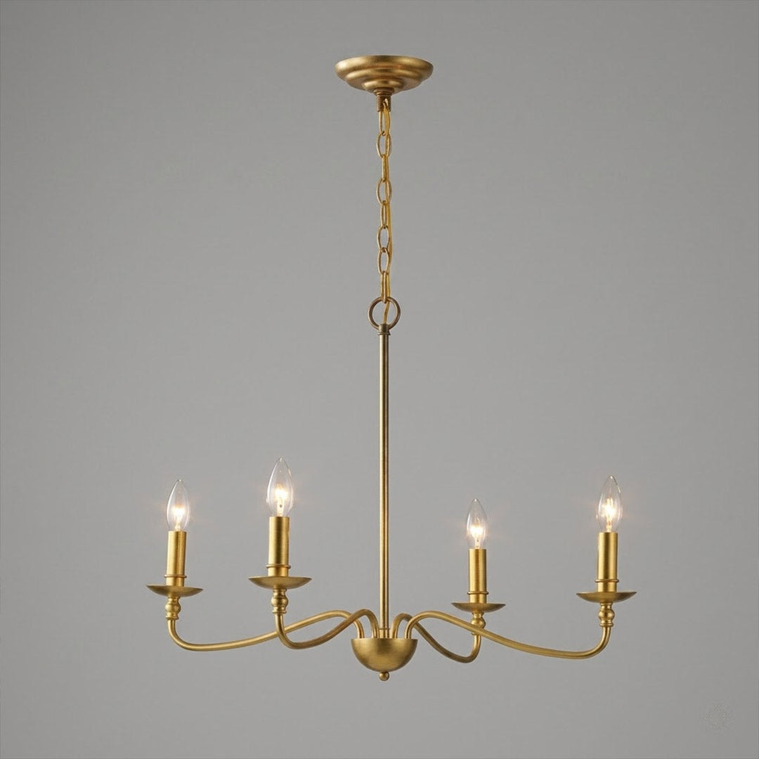 Versailles brass candle chandelier above dining table warm vintage light traditional interior