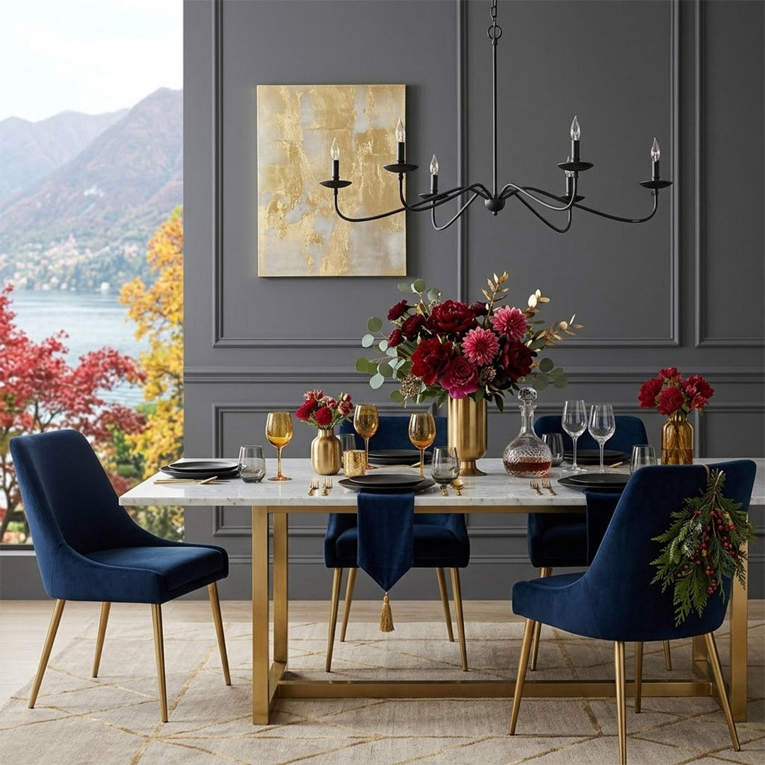 Versailles brass candle chandelier above dining table warm vintage light traditional interior