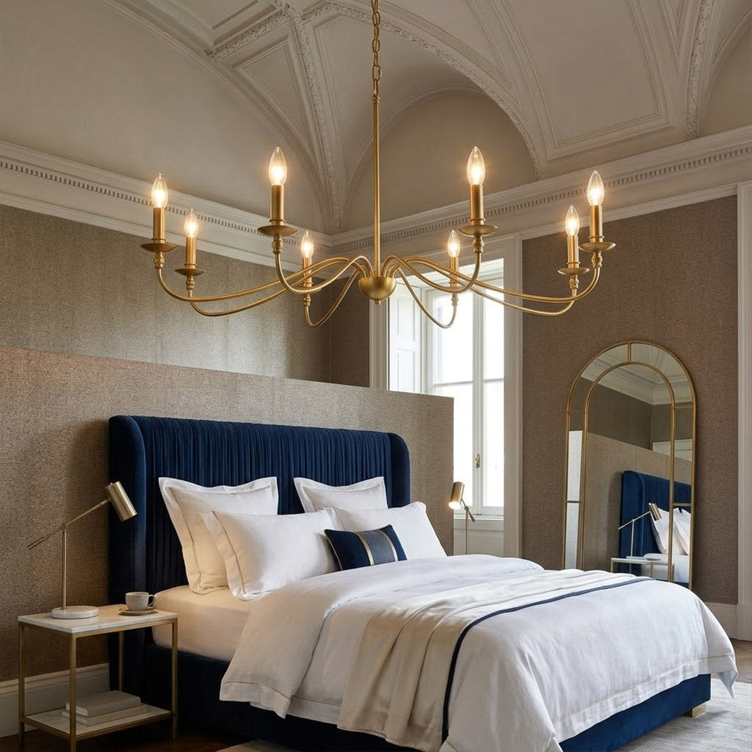 Versailles brass candle chandelier above dining table warm vintage light traditional interior
